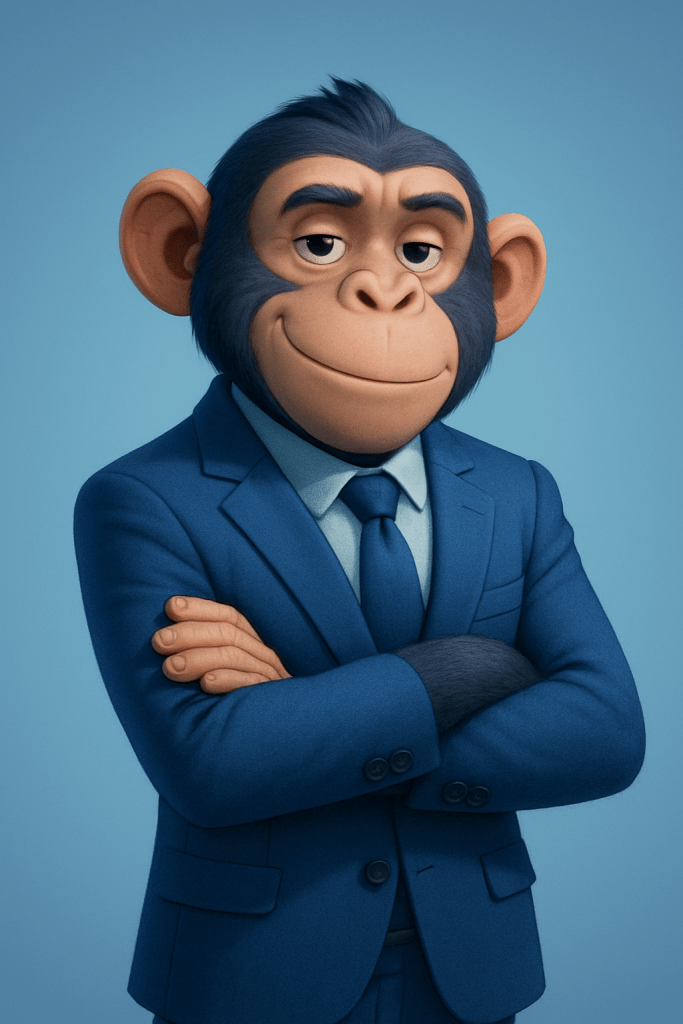 Chimpancé creativo, mascota de Malauart Creations que simboliza ingenio, curiosidad y estrategia en marketing digital